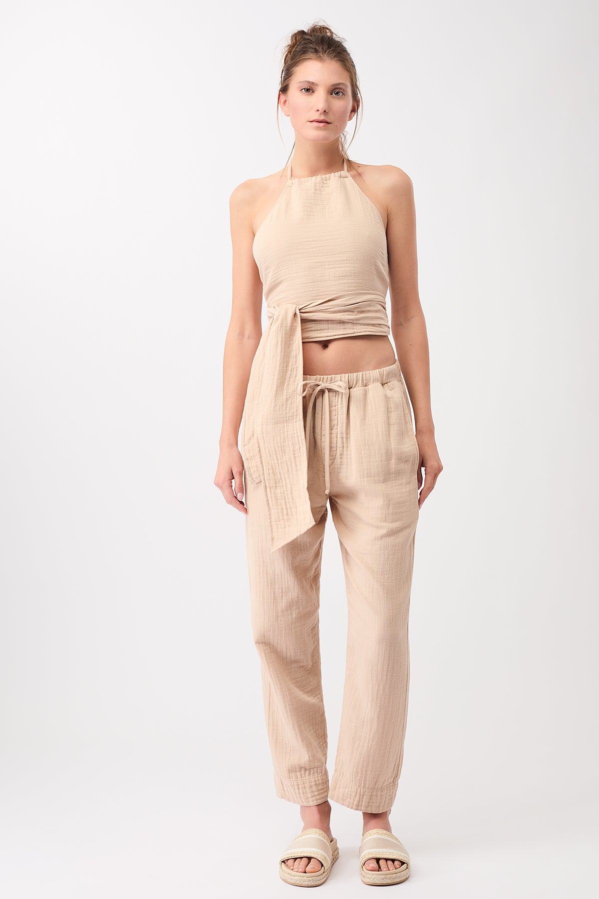 Mandala Fitness Pant Beige Outfit Front - Relaxed Fit Pant